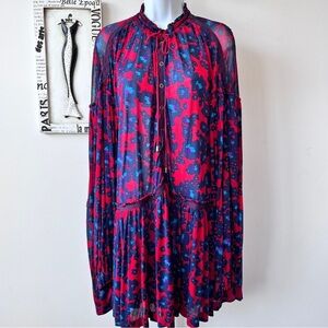 FREE PEOPLE Dopamine Boho Love Letter Oversized Flowy Red Floral Tunic Top Sz M